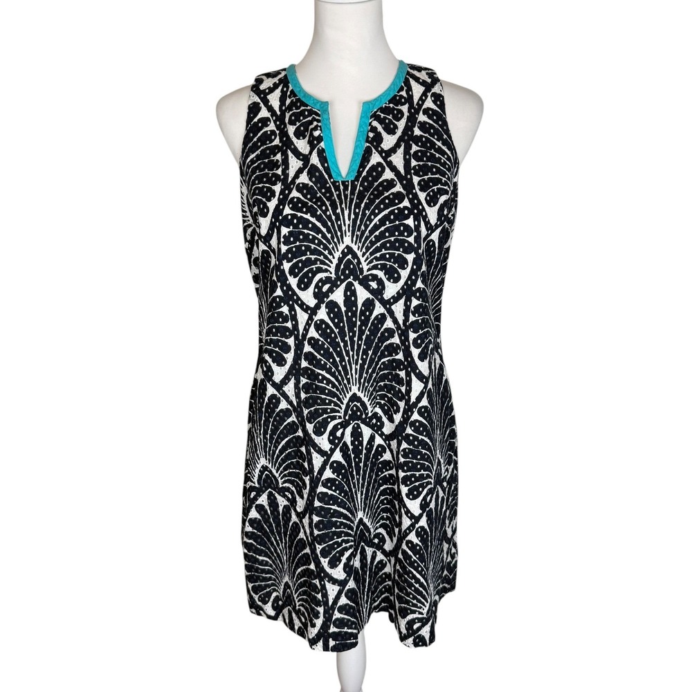 Crown & Ivy Navy White Eyelet Fan Print Shift Dress Turquoise Trim Size 12